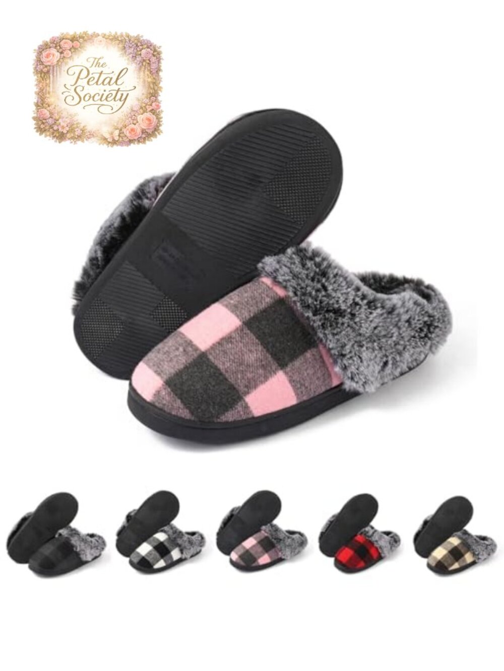 Memory Foam House Slippers Faux Fur Plaid Scuff Indoor Outdoor